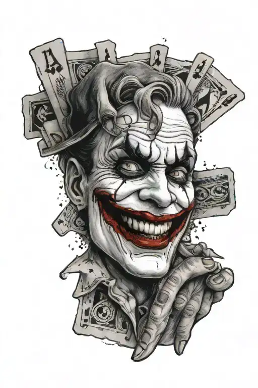 a realistic black and grey tattoo of a hand with a joker card, and "ha ha ha" "why so serious" written in negativ tattoo design idea