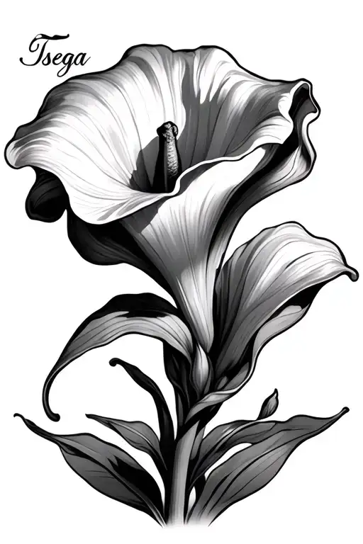 Calla Lily with Tsega written big across the flower tattoo design idea
