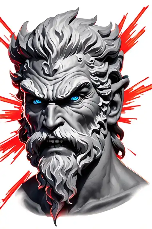 face of a very angry Zeus with blue eyes and red rays coming out of his eyes to the sides tattoo design idea