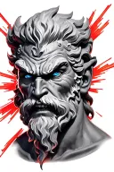 face of a very angry Zeus with blue eyes and red rays coming out of his eyes to the sides tattoo design idea