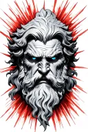 face of a very angry Zeus with blue eyes and red rays coming out of his eyes to the sides tattoo design idea