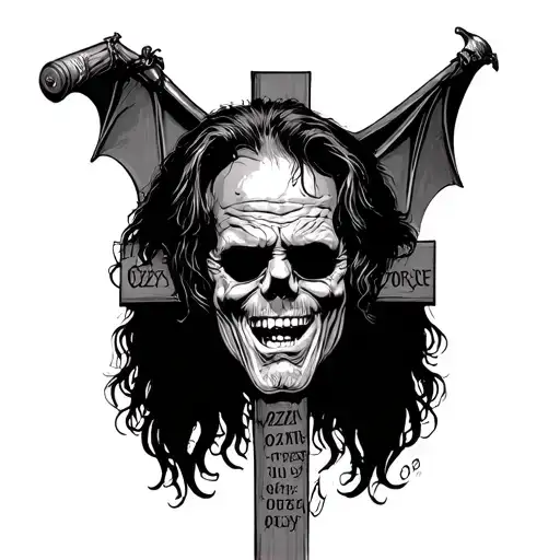 ozzy osbourne death date scrolll  cross with ozzys head on a bat on top of the cross  tattoo design idea