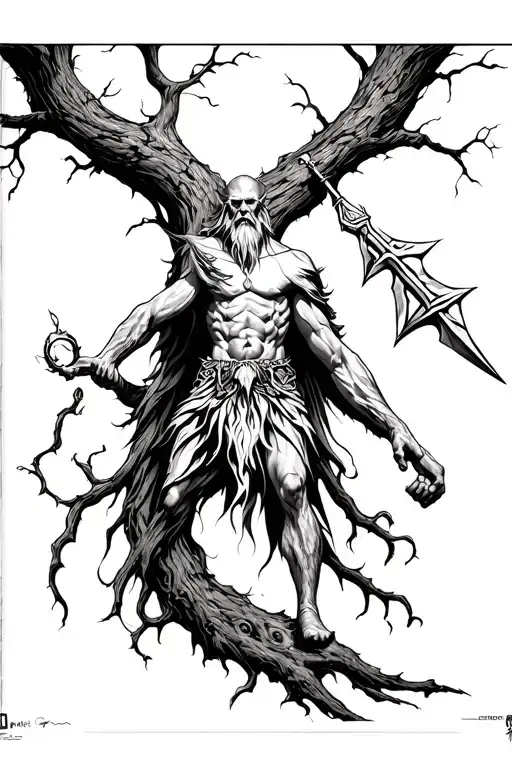 Odin hanging from Yggdrasil pierced by his own spear tattoo design idea