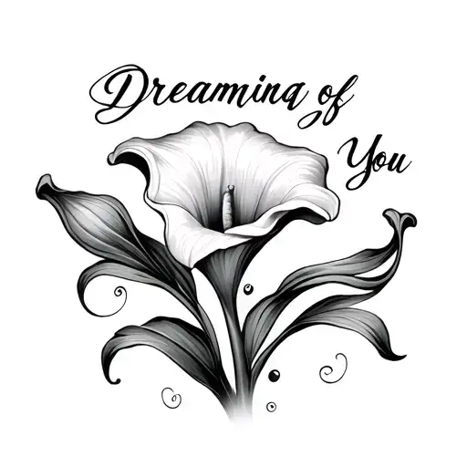 words Dreaming of You with a calla lily flower in black and white tattoo design idea
