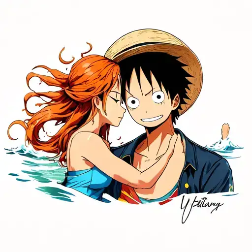 luffy from one piece in a realistic style with nami from one piece  tattoo design idea