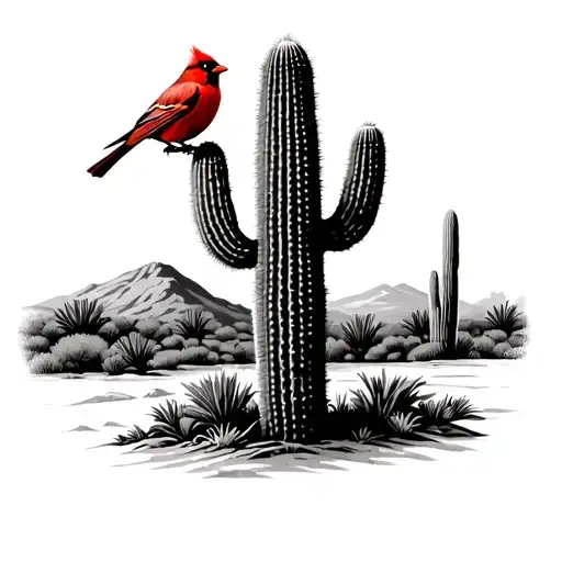 saguaro cactus with red bird perched tattoo design idea