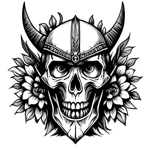 Viking faces with skulls and flowers tattoo design idea