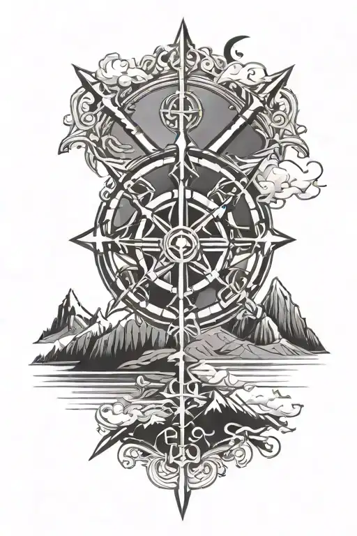 Chi-Rho symbol in the front with mountains in the background tattoo design idea