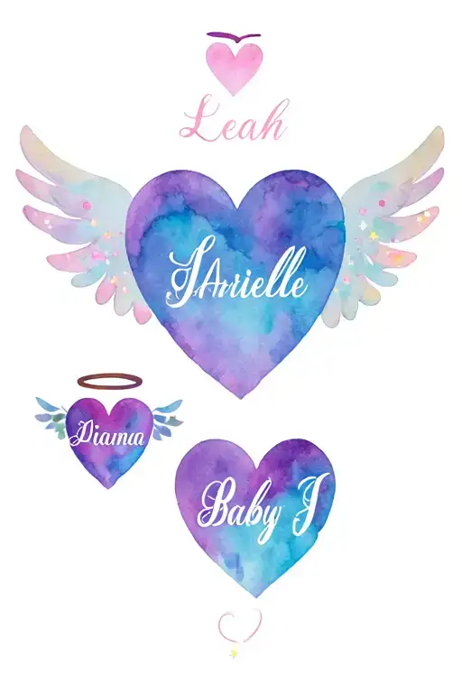 hearts w/ kids names incorporated Leah, Arielle, Diana, Adriel. add one heart with wings and halo, name Baby J. sparkles tattoo design idea