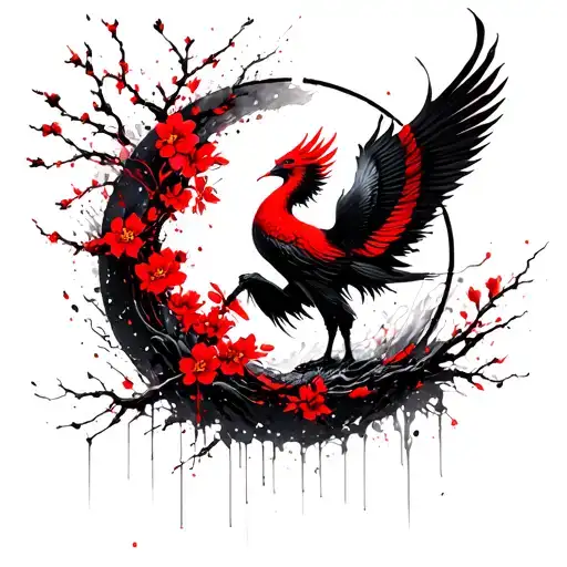 enso circle with cherry blossoms and phoenix tattoo design idea
