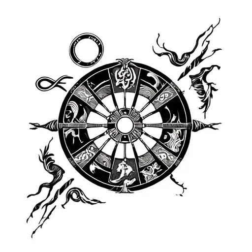 A Wheel of Time themed half sleeve with blackwork designs of swimming strokes and strength symbols, creating a dynamic and powerful tattoo tattoo design idea