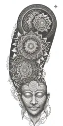 Blend Buddhist mandalas, fine-line wood grain, anime elements, and subtle gaming symbols into a cohesive, flowing design tattoo design idea