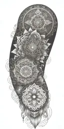 Blend Buddhist mandalas, fine-line wood grain, anime elements, and subtle gaming symbols into a cohesive, flowing design tattoo design idea