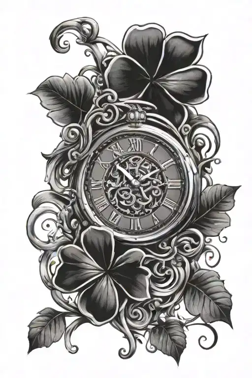 4 leaf clover clock melting tattoo design idea