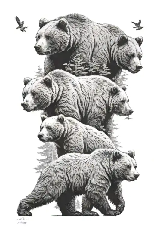3 bears big to small non aggressive looking, with a forest, a nod to real estate and the number 21 in it.  tattoo design idea