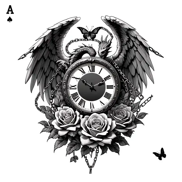 roses intertwined, clock face surrounded, angel wings, dragon, butterfly, chains, ace card tattoo design idea