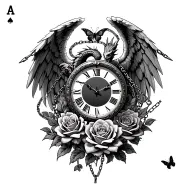 roses intertwined, clock face surrounded, angel wings, dragon, butterfly, chains, ace card tattoo design idea