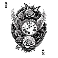 roses intertwined, clock face surrounded, angel wings, dragon, butterfly, chains, ace card tattoo design idea