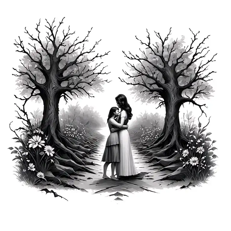 broken road with dead trees, flowers, and vines but at the end of the road is a mother hugging her daughter  tattoo design idea