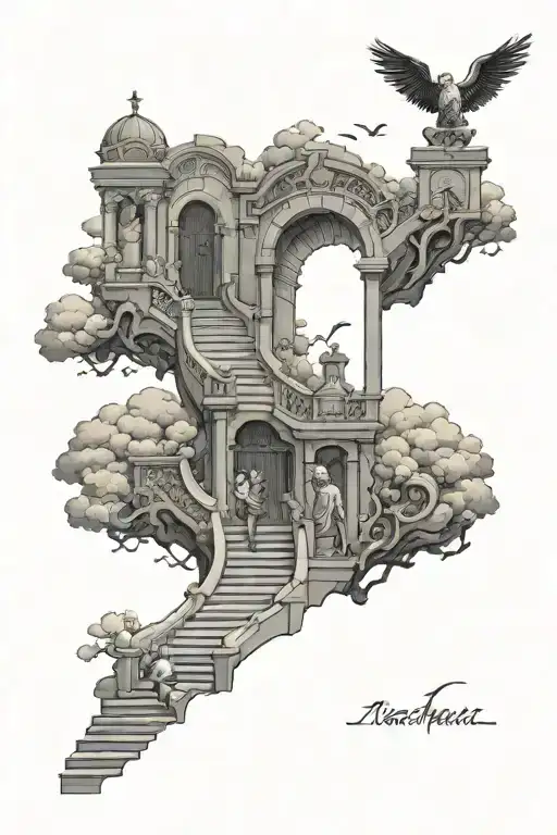 on the top of my arm i want:stairway to heaven with open gates at the top with a little boy and god at the gates and th tattoo design idea