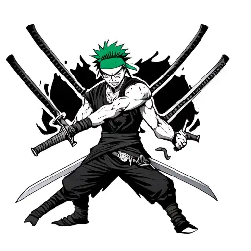 “Anime tattoo of Zoro with 3 swords, scarred eye closed, headband on, in battle stance. Black & grey ink. Background wit tattoo design idea