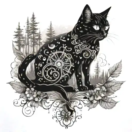 A mystical tattoo design featuring a black cat and fairies in a forest setting, with a hippie twist tattoo design idea