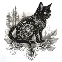 A mystical tattoo design featuring a black cat and fairies in a forest setting, with a hippie twist tattoo design idea