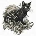 A mystical tattoo design featuring a black cat and fairies in a forest setting, with a hippie twist tattoo design idea