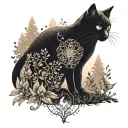 A mystical tattoo design featuring a black cat and fairies in a forest setting, with a hippie twist tattoo design idea