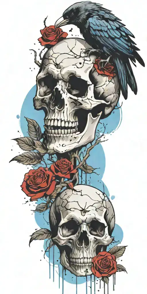 skull and roses with raven perched on top blue sky background  tattoo design idea