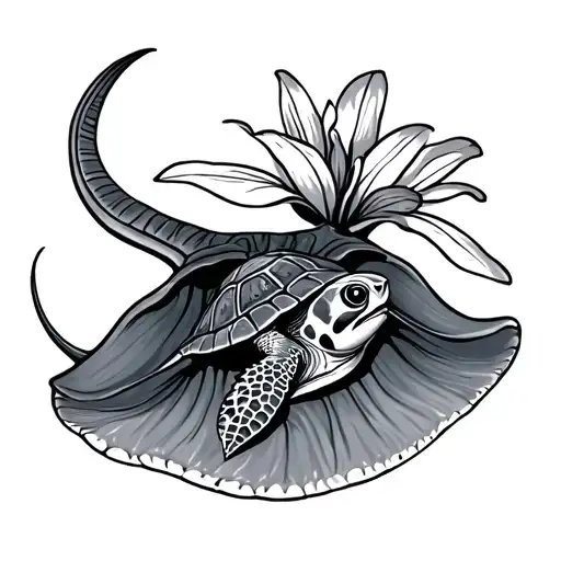  A stingray with a with a turtle in the middle of the stingray. The Tail of the stingray will be a Hawaiian flower.  tattoo design idea