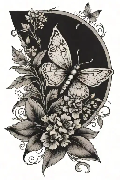 butterfly, dragonfly, laurel flower sprig of heather tattoo design idea