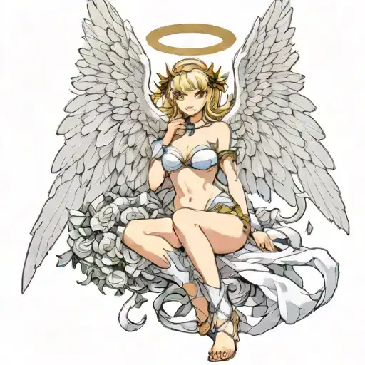Sexy Angel, pale skin, Big breasts, Wide Hips, Angel wings, Halo, G-String, Revealing bra, Sexual, Full Body view  tattoo design idea