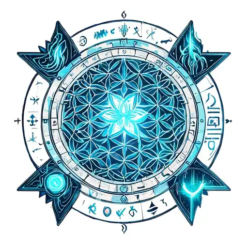 flower of life inside of zodiac wheel with all five elemental signs and tibetan endless knot tattoo design idea