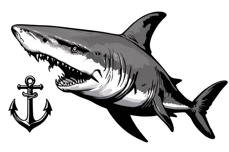 Shark with exposed rib bones and scars swiming next to an anchor tattoo design idea