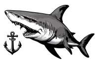 Shark with exposed rib bones and scars swiming next to an anchor tattoo design idea