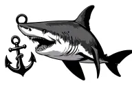 Shark with exposed rib bones and scars swiming next to an anchor tattoo design idea
