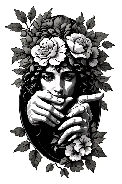 Greek tattoo with flowers and vines and hands pointing tattoo design idea