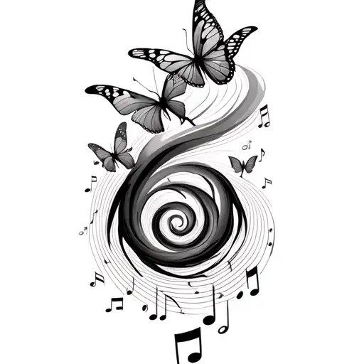 rainbow butterflies and music notes (Jurassic park) incorporated in a coil like fading spiral fine lined tattoo design idea