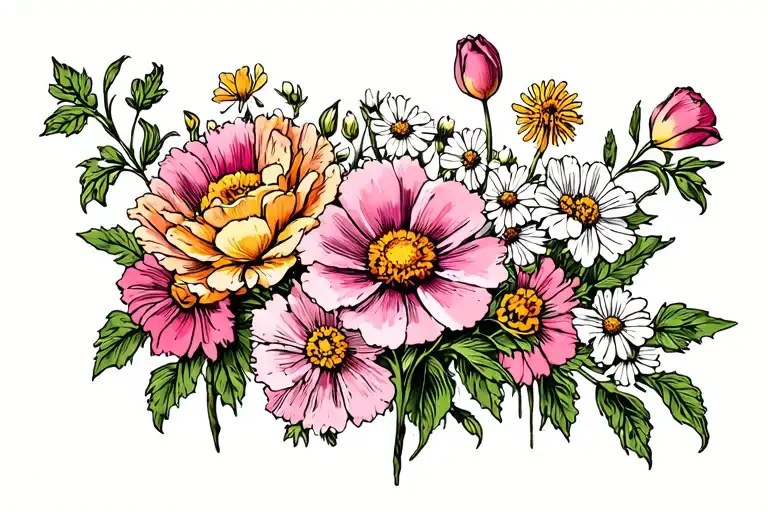 marigold , tulip, roses, pink garden cosmos, and white alyssums  tattoo design idea