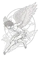 Icarus reaching for the sun with his melting wings covering him. Fine line tatto  tattoo design idea