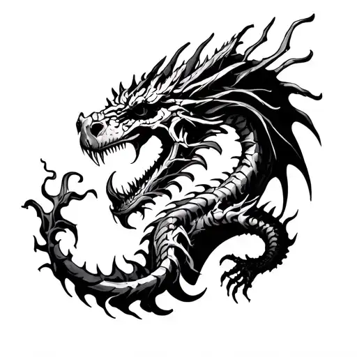 Skeletal Dragon breathing fire tattoo design idea