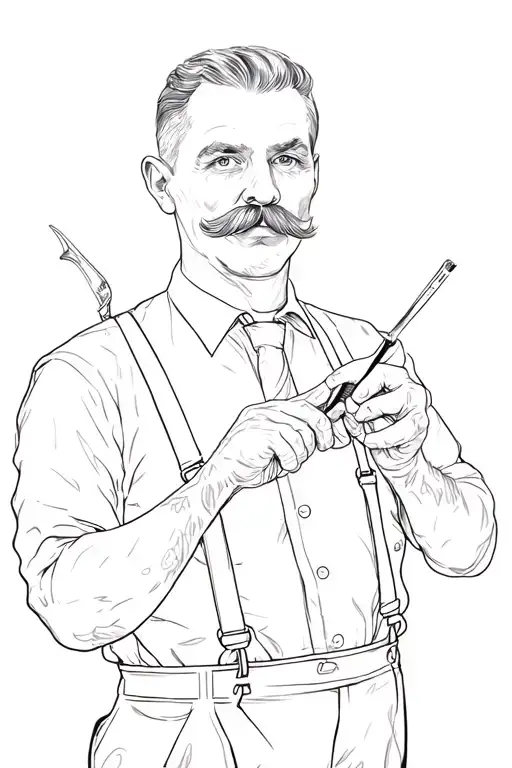 a 50-year-old barber, from the waist to the head, wearing suspenders, with a small mustache, holding a razor tattoo design idea