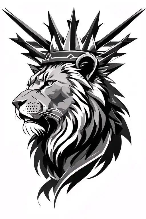 Tattoo Concept: "Guardian of Strength"A bold, detailed tattoo featuring a fierce lion's head crowned with a geometric  tattoo design idea