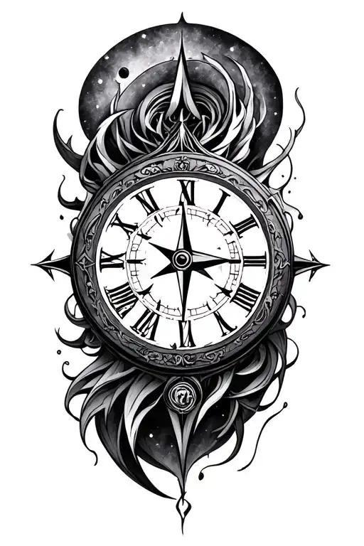 create a black and grey mystical tattoo 8cm x 14cm which looks like a symbiose from a clock and a compass tattoo design idea