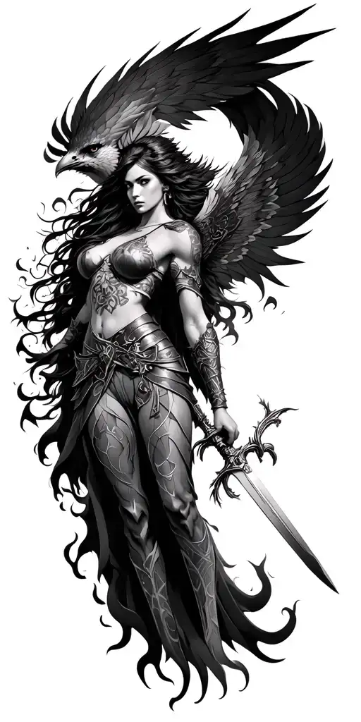 phoenix, flames, valkyrie warrior woman, sword tattoo tattoo design idea