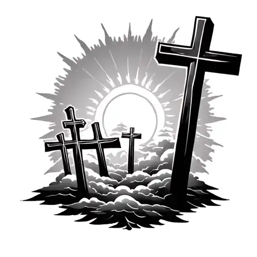 3 crosses with a sun and clouds in the background  tattoo design idea