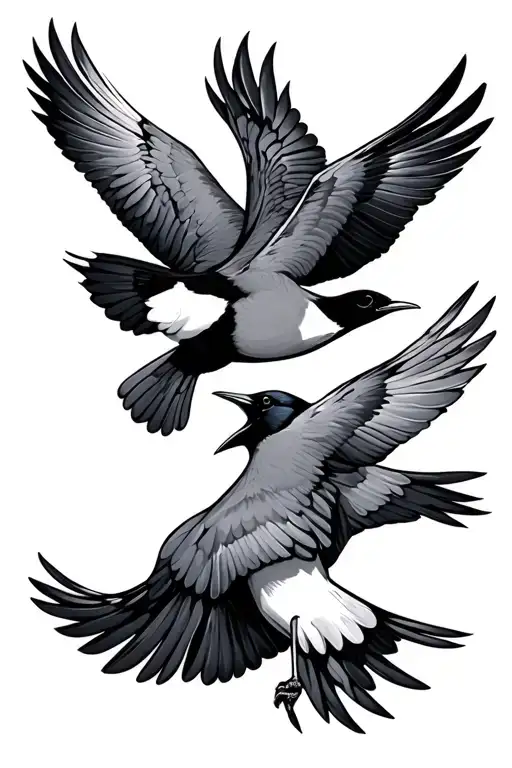 2 Magpie flying together tattoo design idea