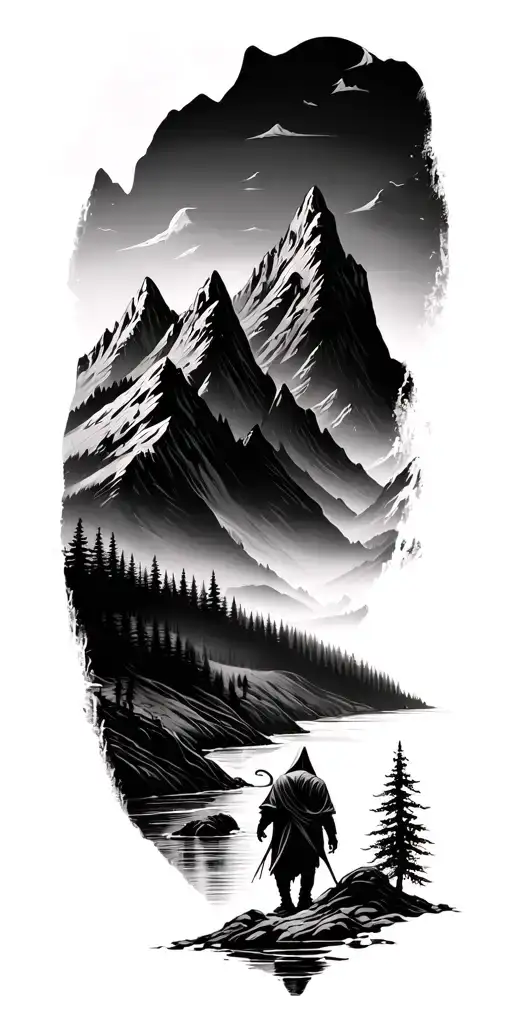forest with river flowing and mountain range silhouette with a reaper walking through valley tattoo design idea