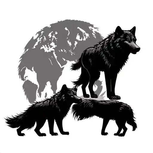 Three black wolves symbolizing a father and two sons in the forest with the world son of wolf in the background tattoo design idea
